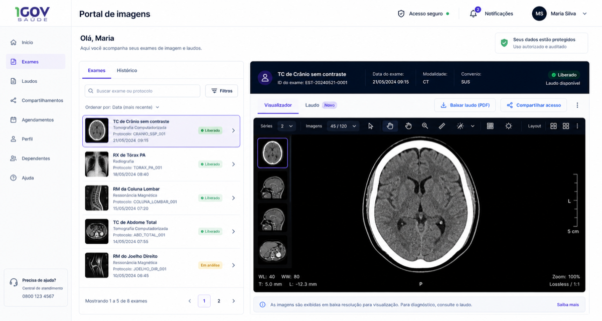 Portal de imagens com lista de exames e visualizador DICOM