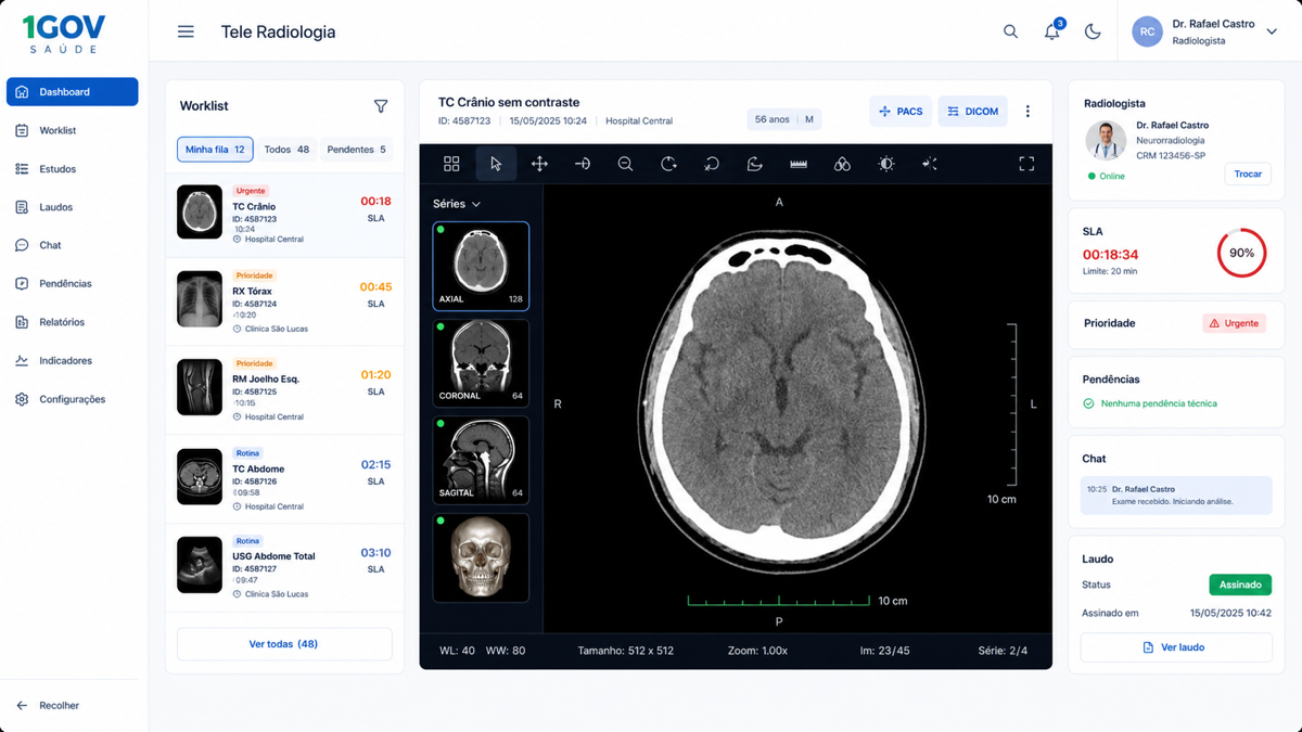 Tela realista de tele radiologia com worklist, visualizador DICOM, SLA e laudo
